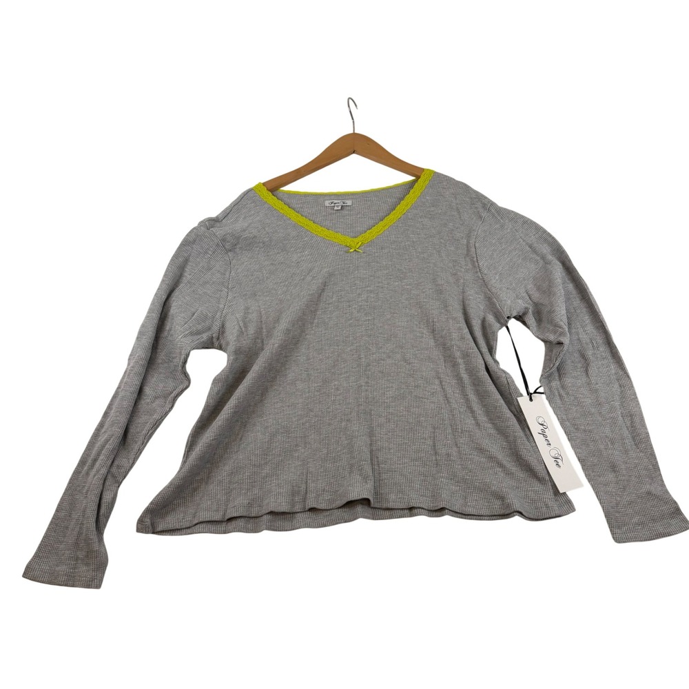 Paper Tee Gray Waffle Knit Thermal Top Lime Green Lace Trim V-Neck 2X NEW